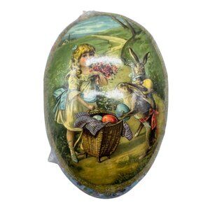 Vintage world market Easter Egg Paper Mache Container Bunny & Girl Scene READ